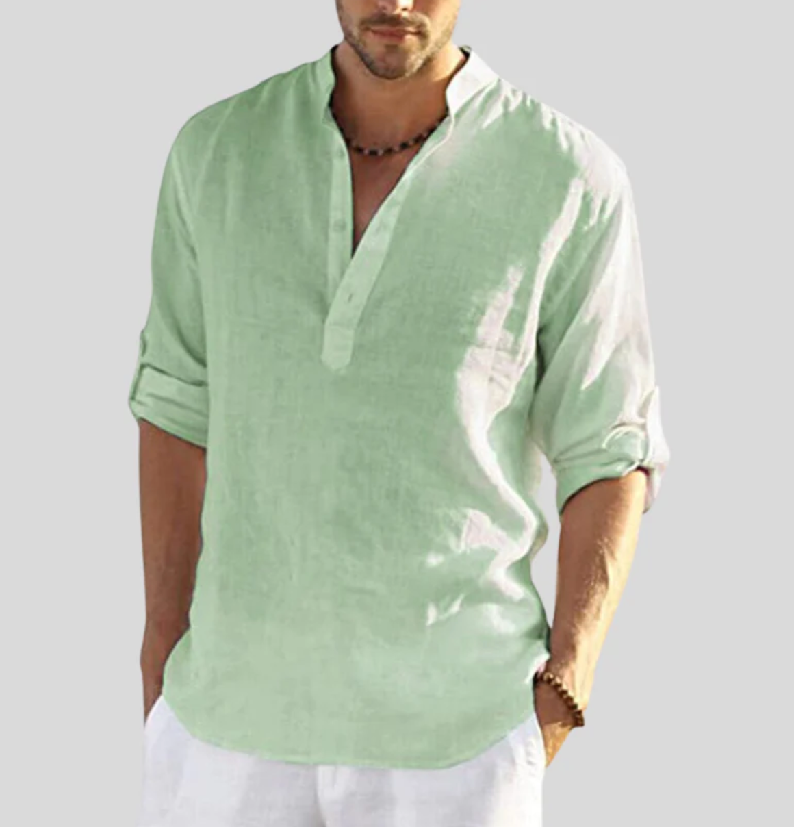 Men's Long Sleeve Henley Shirt | Band Collar Casual Top - 9