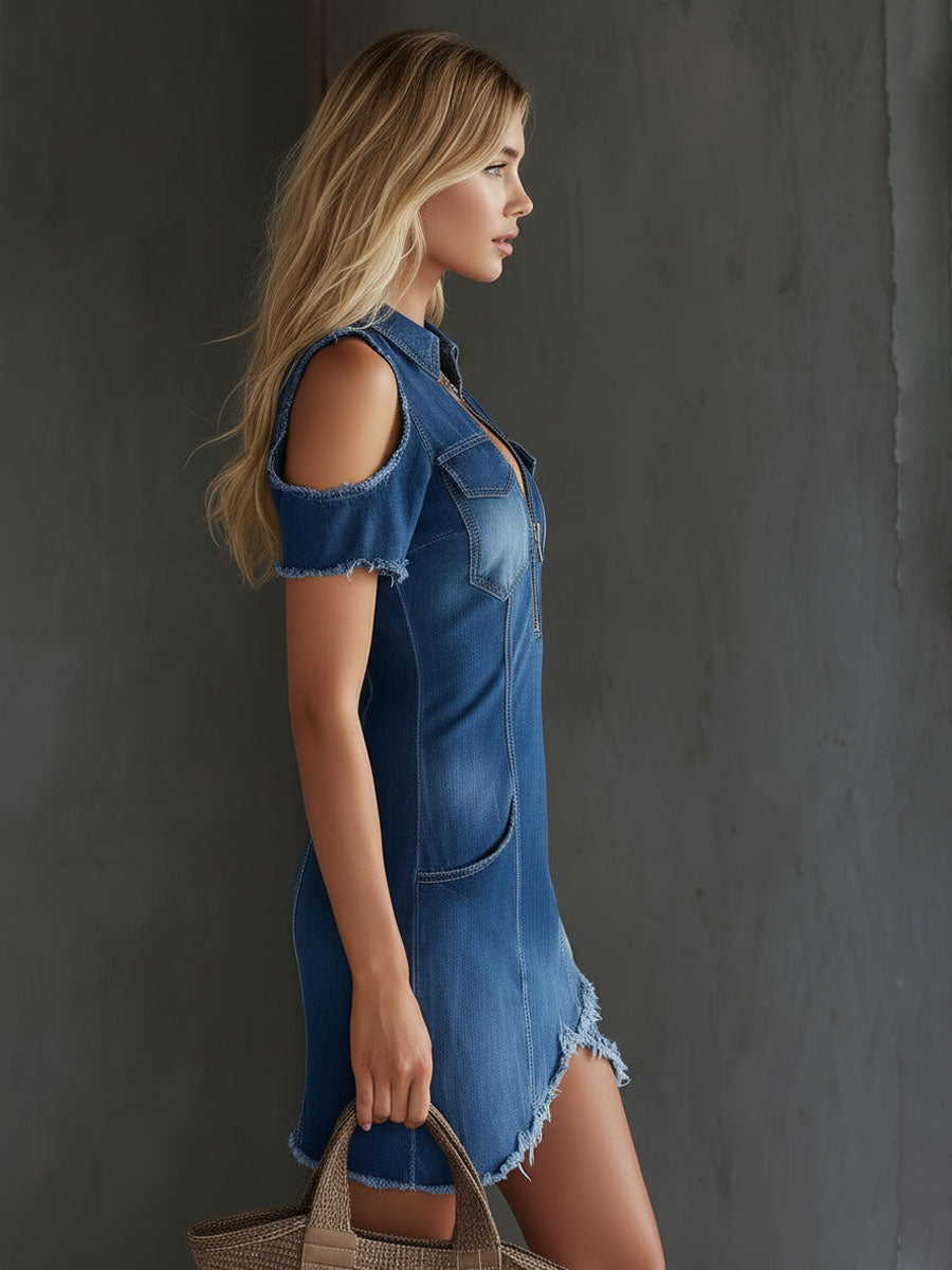 Off-Shoulder Denim Mini Dress | Women's Fashion - 9