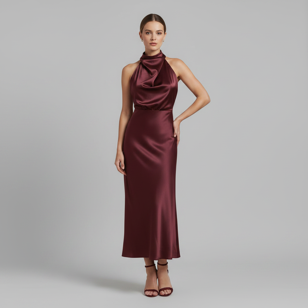 Elegant Halter Midi Dress | Women's Formal Wedding Guest Dress - 9