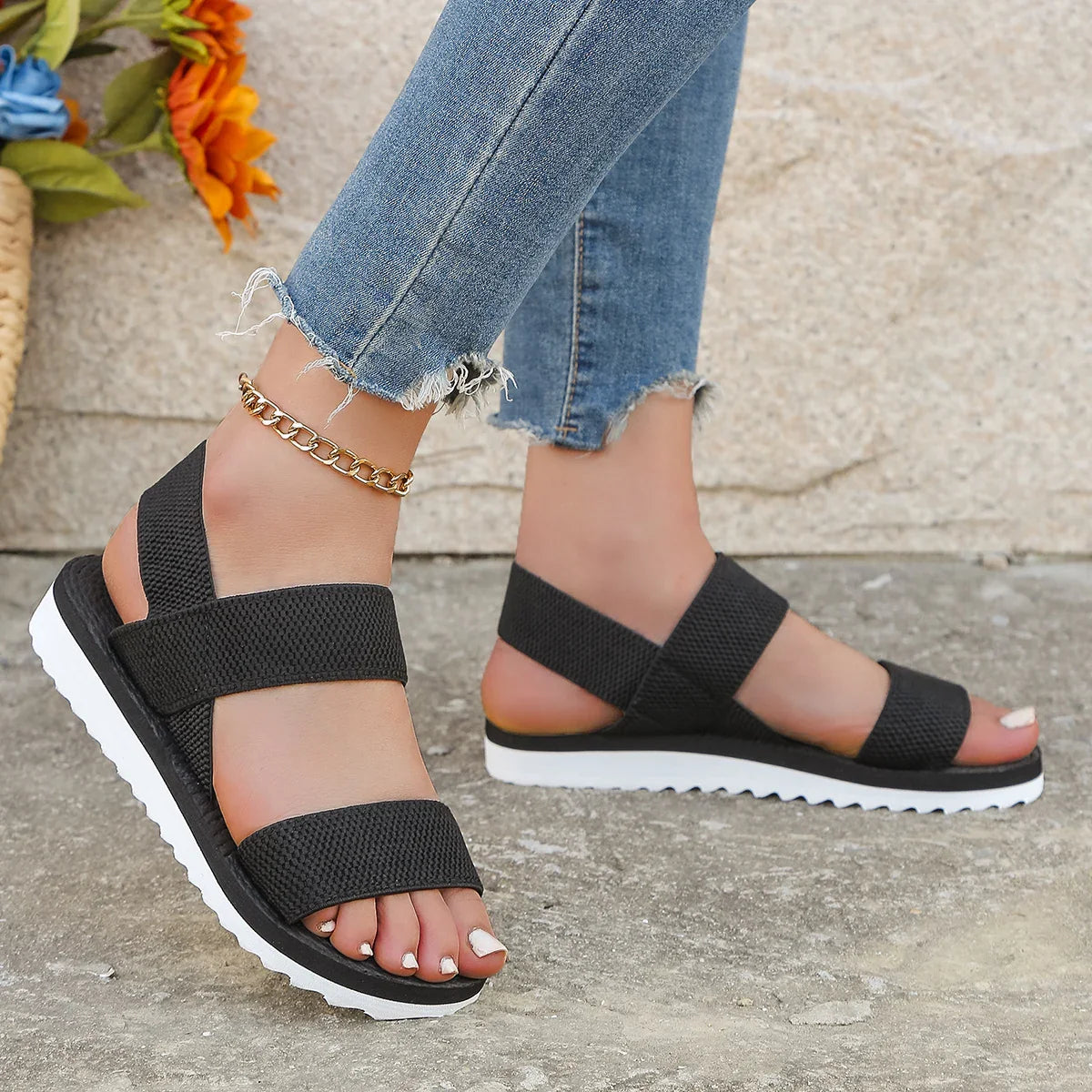 Women's Flat Black Sandals | Comfortable Summer Footwear - 2