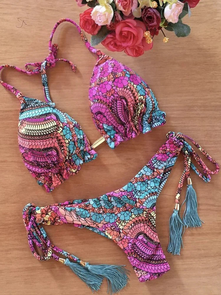 Floral Pattern Push-Up Bikini Set for Women - 3