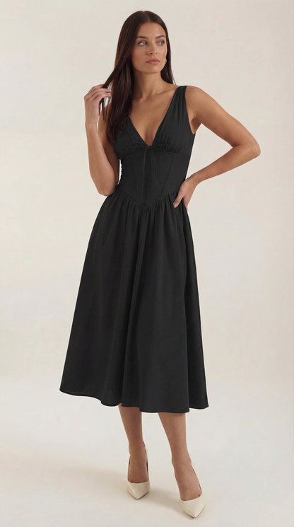 Black Midi Dress | Elegant Women's Summer Wedding Guest Dress - 1