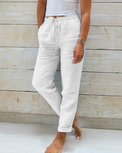 Women's Linen Pants | Lightweight Summer Trousers with Elastic Waist - 8