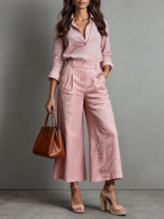 Women's Pink Capri Pants and Loose Shirt Set | Elegant Summer Outfit - 1