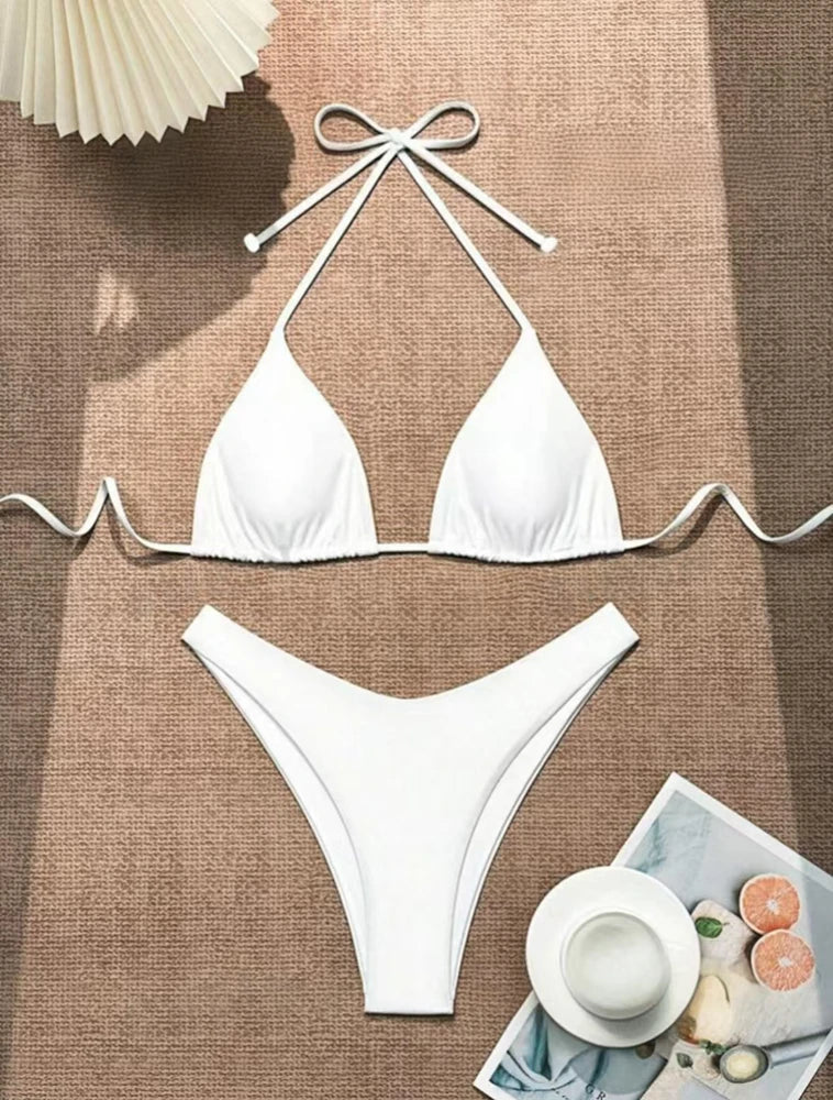 White Bikini Set | Women's Double-Layer Tanga Swimwear - 11