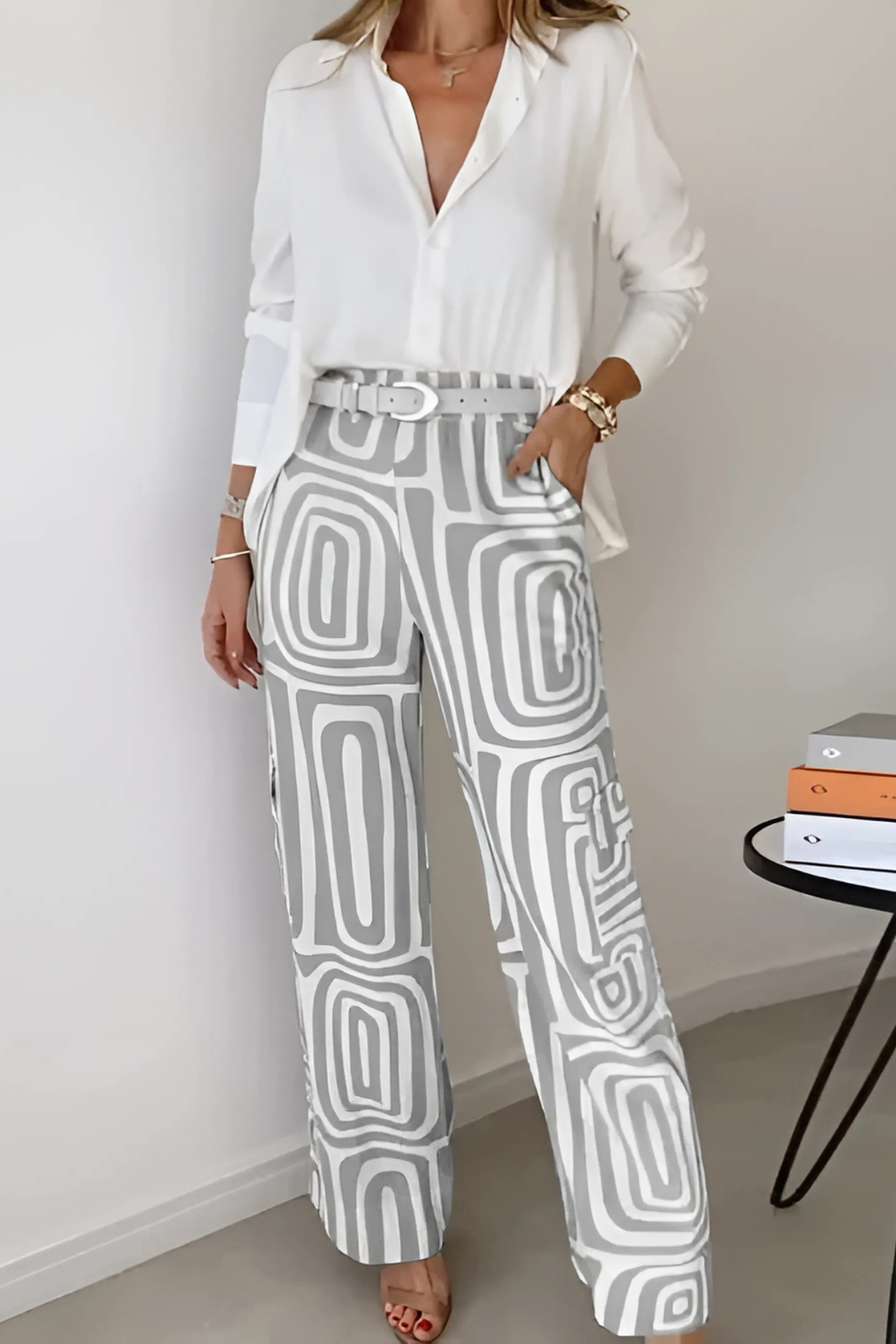 Women's Two-Piece Office Set | Long Sleeve Shirt and Wide Leg Pants - 1