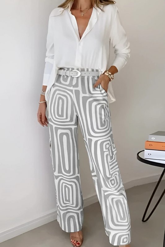 Women's Two-Piece Office Set | Long Sleeve Shirt and Wide Leg Pants - 1
