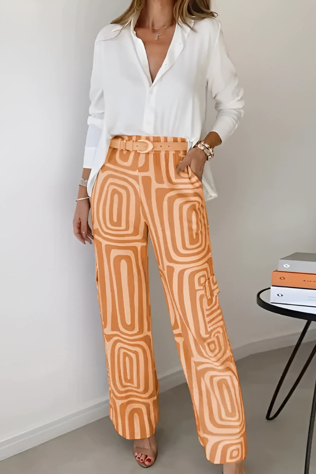 Women's Two-Piece Office Set | Long Sleeve Shirt and Wide Leg Pants - 2