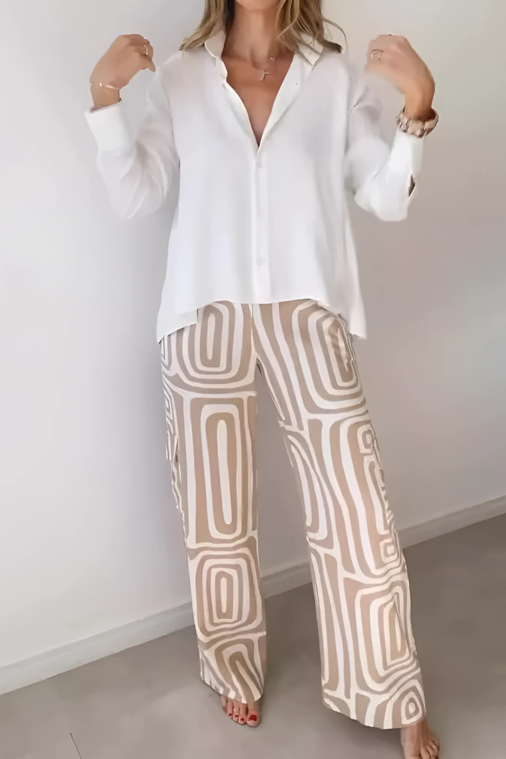 Women's Two-Piece Office Set | Long Sleeve Shirt and Wide Leg Pants - 3