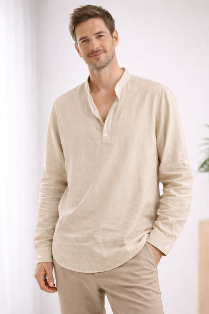 Men's Long Sleeve Henley Shirt | Band Collar Casual Top - 1