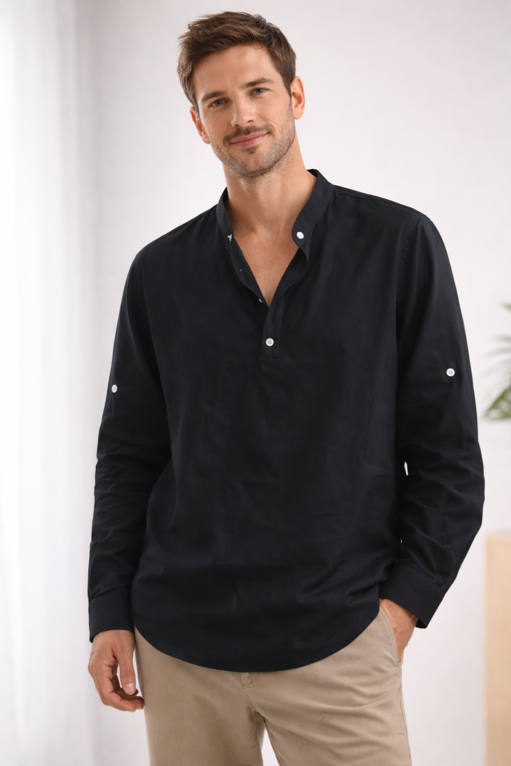 Men's Long Sleeve Henley Shirt | Band Collar Casual Top - 4
