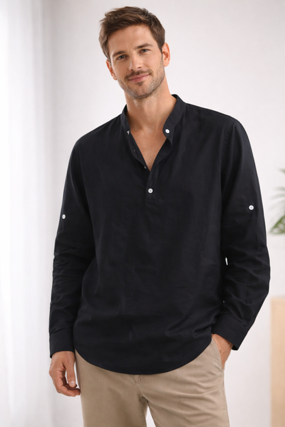 Men's Long Sleeve Henley Shirt | Band Collar Casual Top - 4