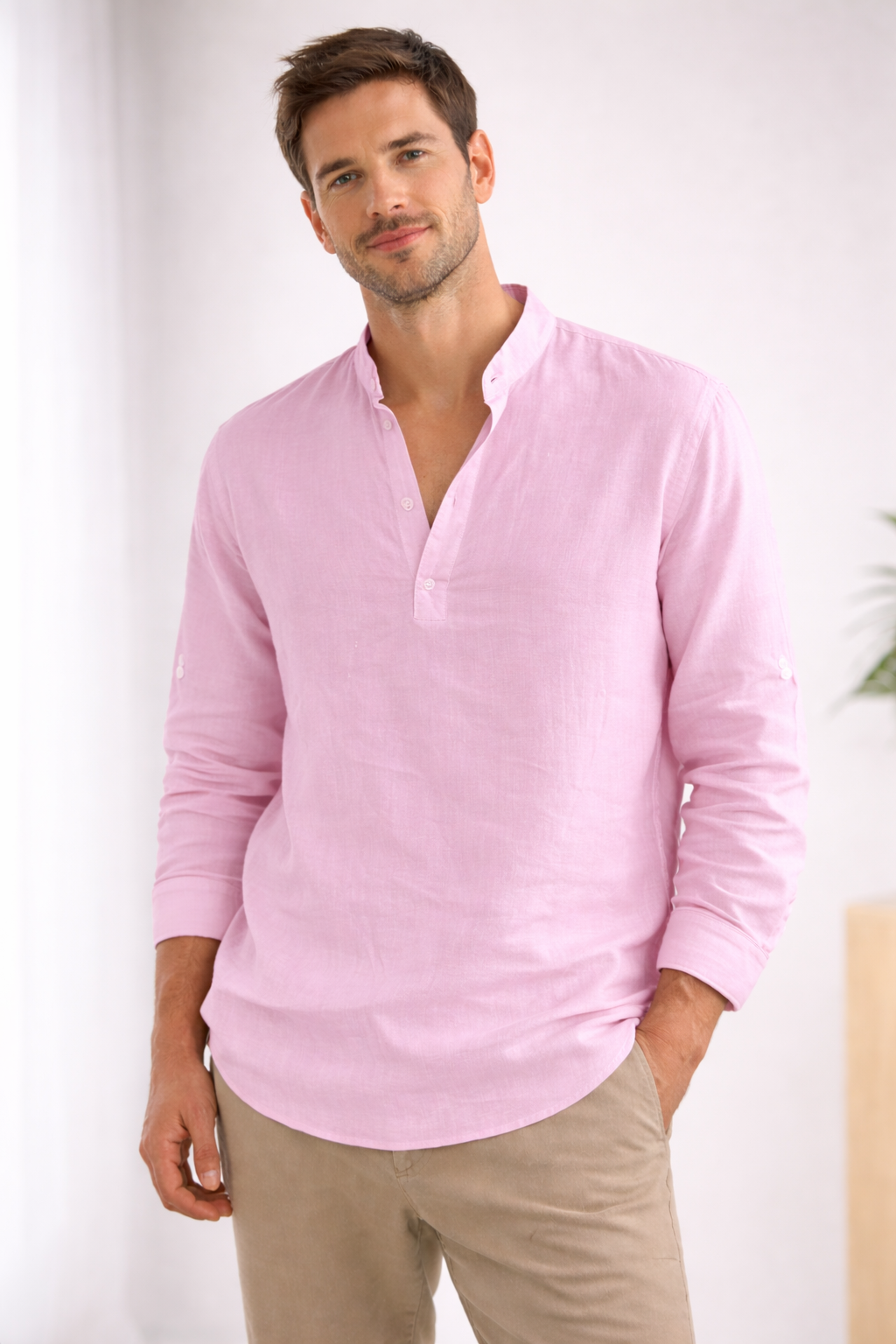 Men's Long Sleeve Henley Shirt | Band Collar Casual Top - 5