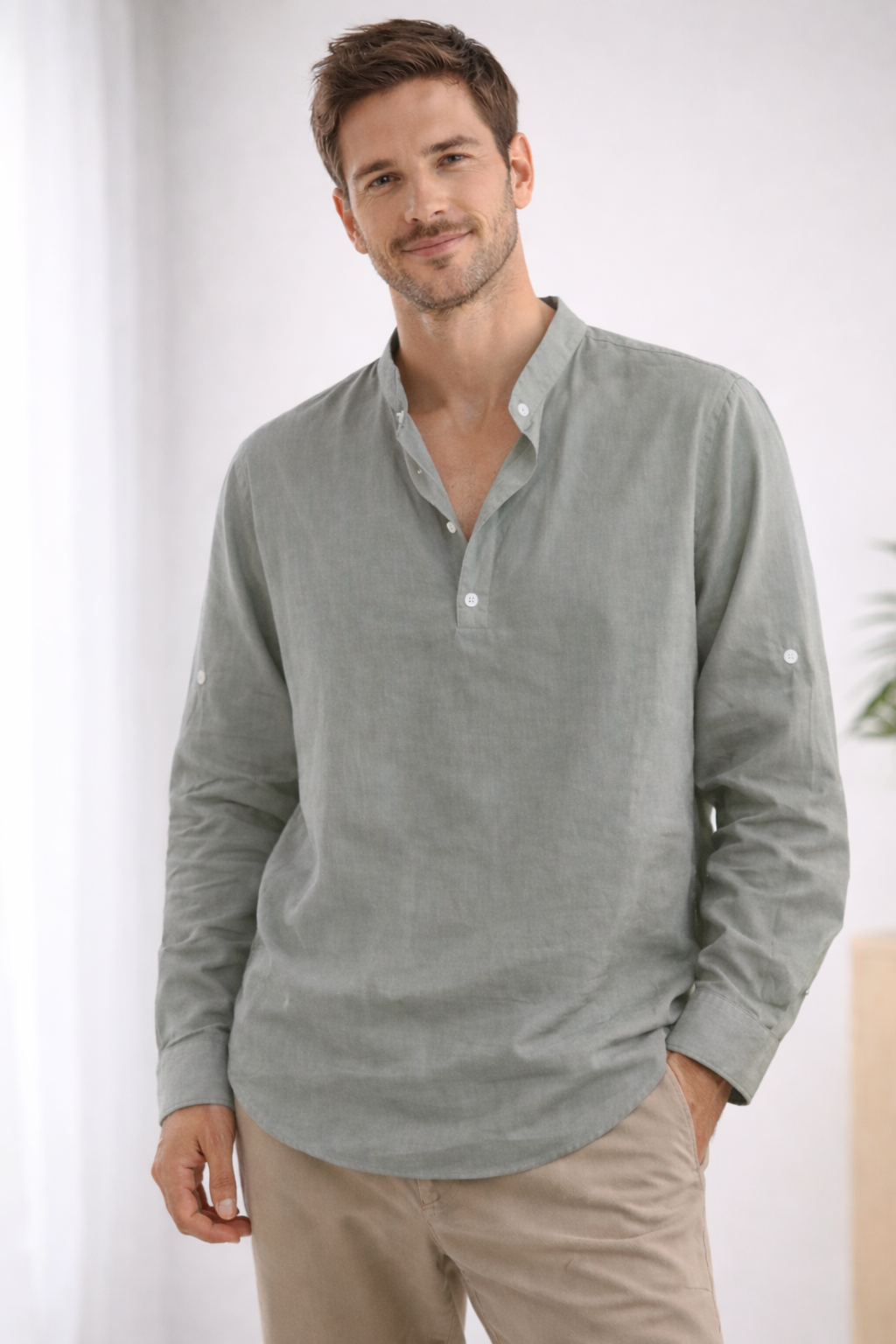 Men's Long Sleeve Henley Shirt | Band Collar Casual Top - 6