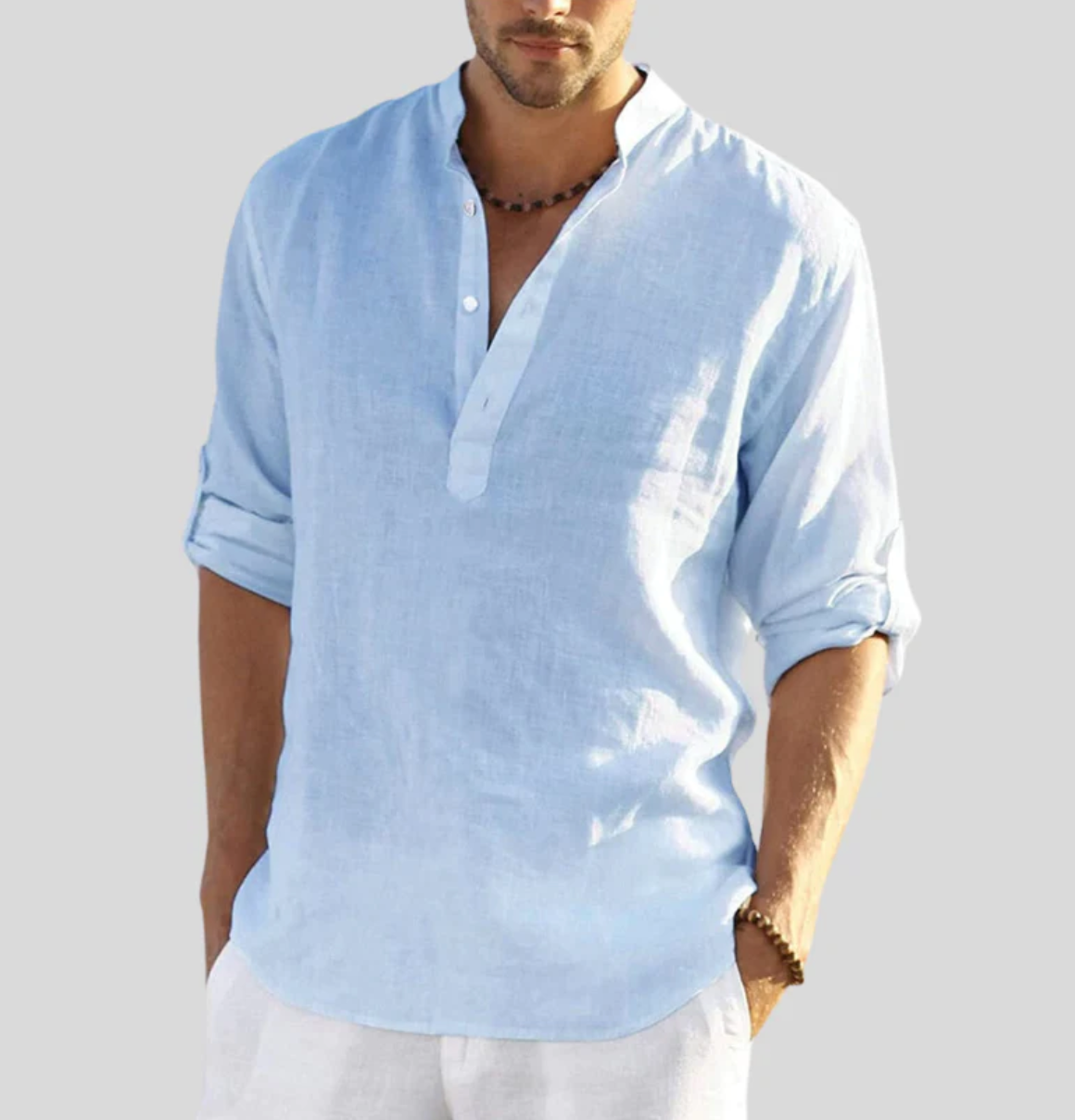 Men's Long Sleeve Henley Shirt | Band Collar Casual Top - 8