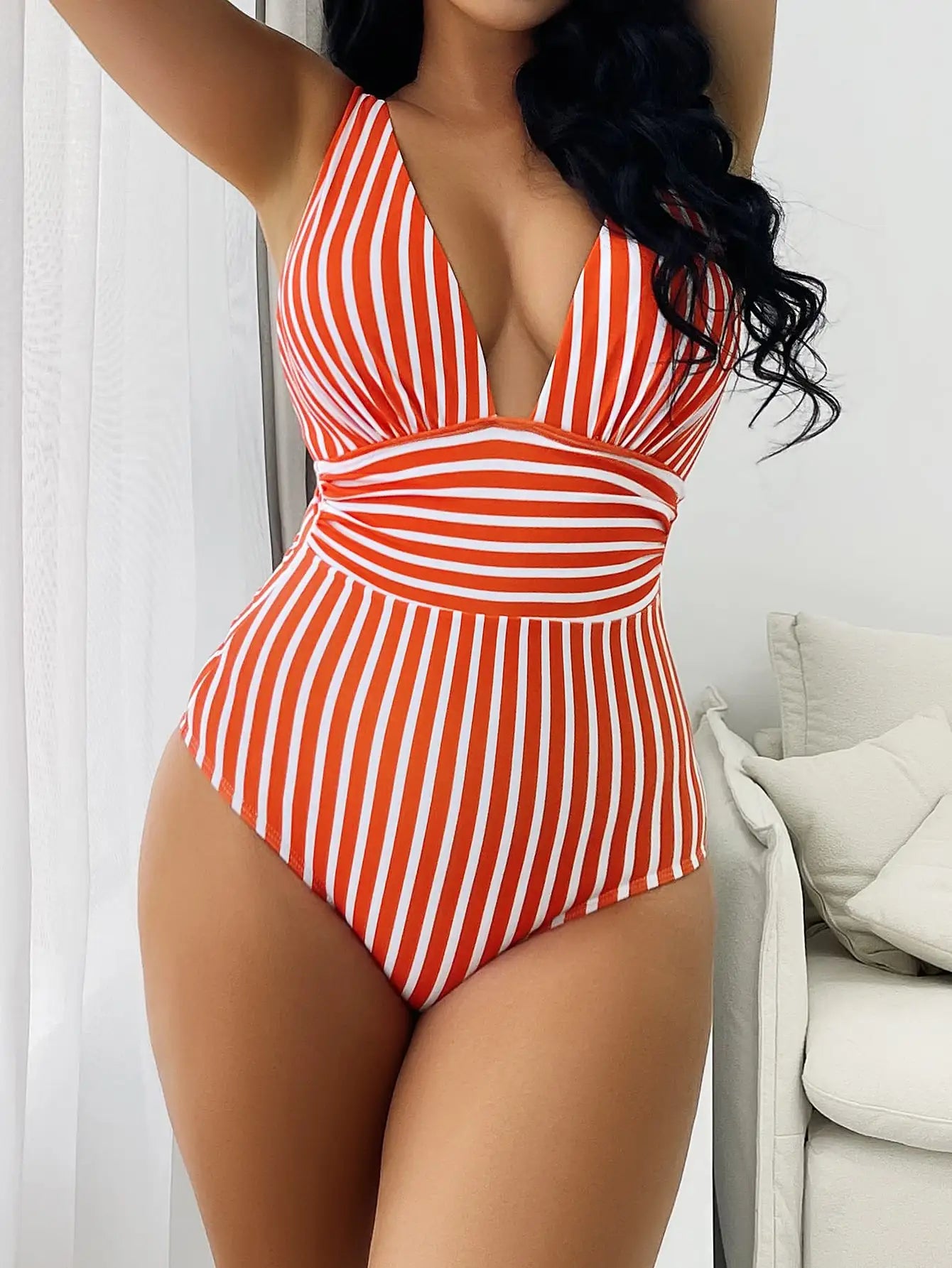 Striped V-Neck One-Piece Swimsuit for Women - 8