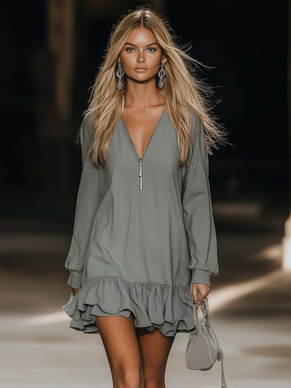 Gray V-Neck Mini Dress | Women's Summer Dress - 3