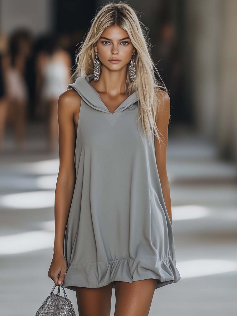 Gray Sleeveless Hoodie Mini Dress | Women's Dress - 2