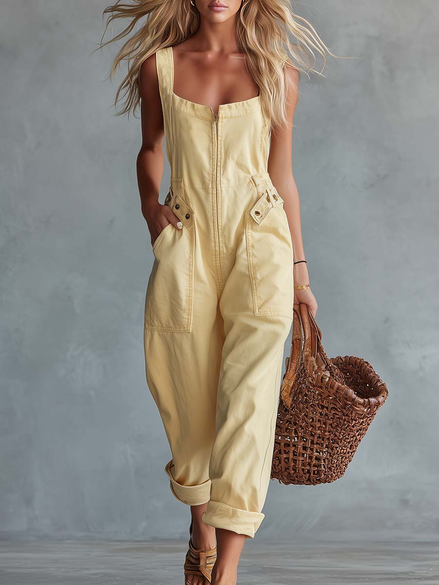 Light Yellow Denim Jumpsuit | Casual Women's Overall - 1