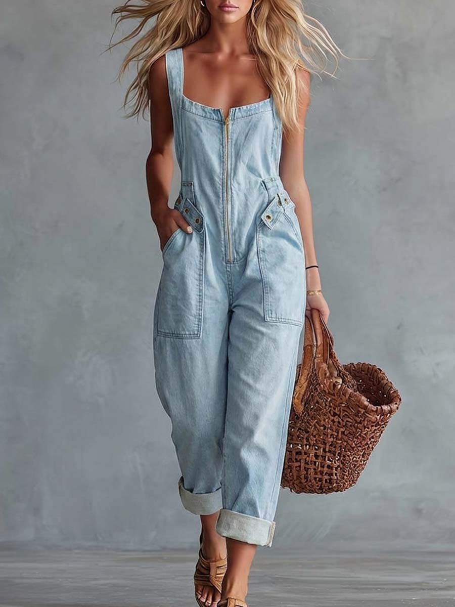 Light Yellow Denim Jumpsuit | Casual Women's Overall - 11