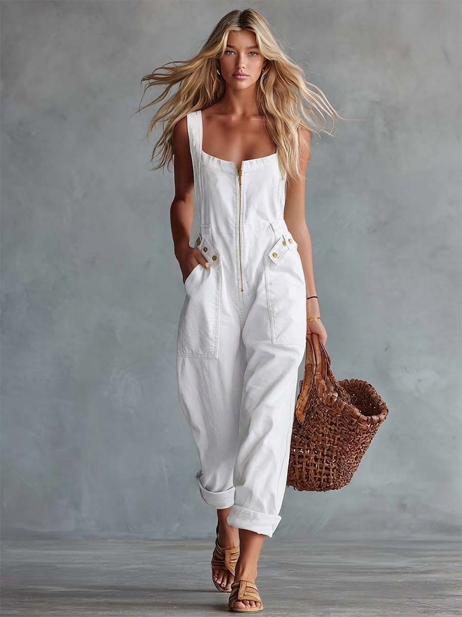 Light Yellow Denim Jumpsuit | Casual Women's Overall - 3