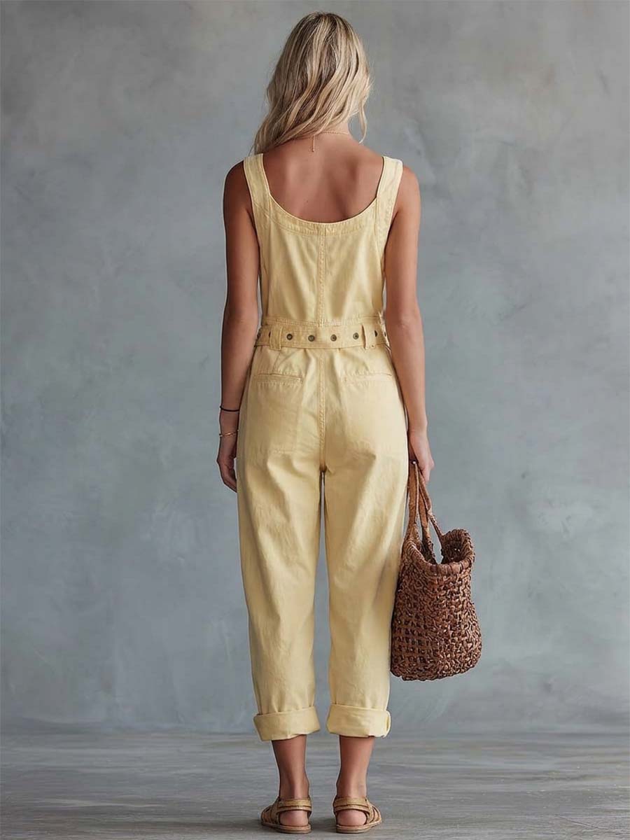 Light Yellow Denim Jumpsuit | Casual Women's Overall - 5