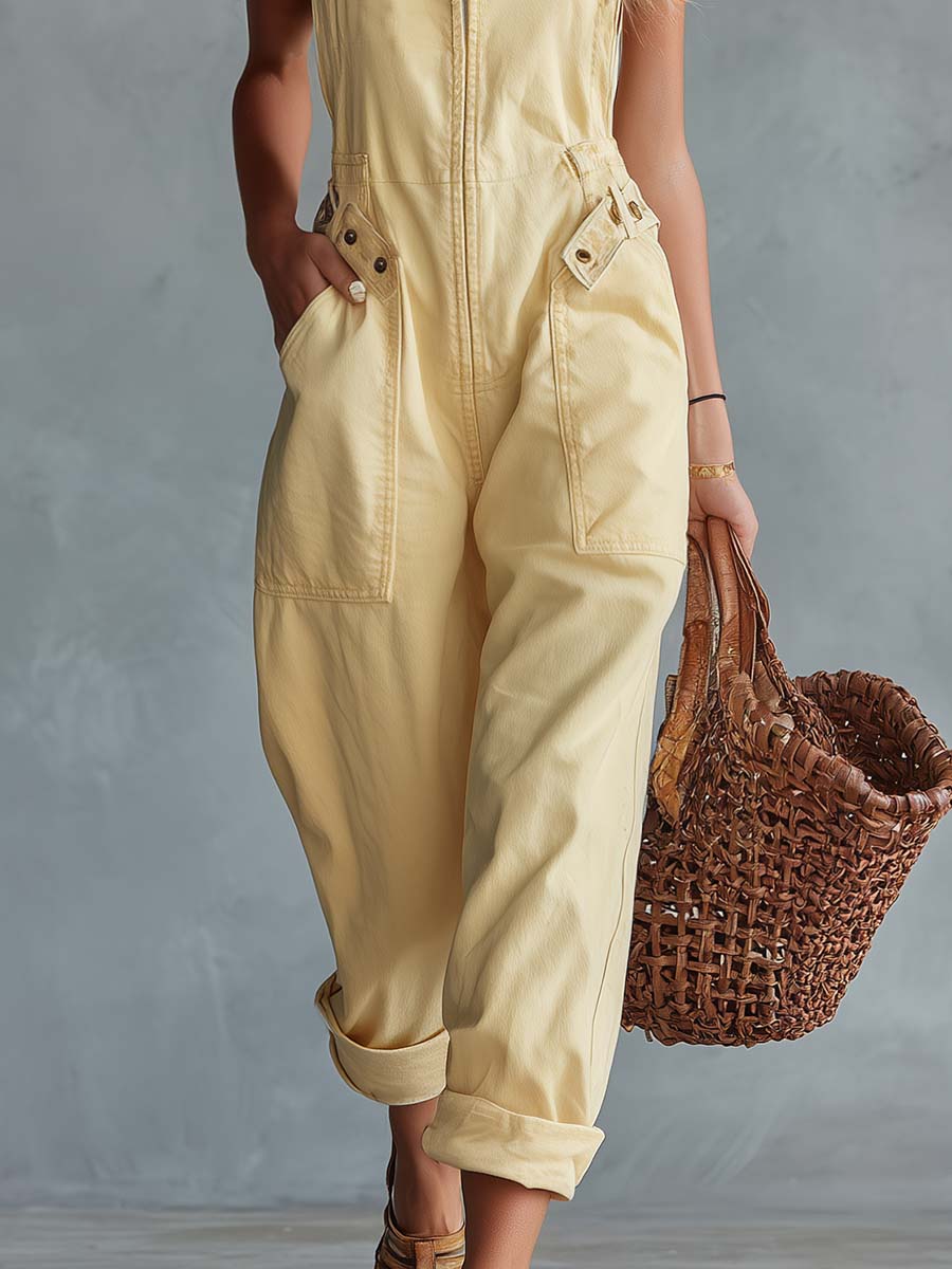 Light Yellow Denim Jumpsuit | Casual Women's Overall - 8