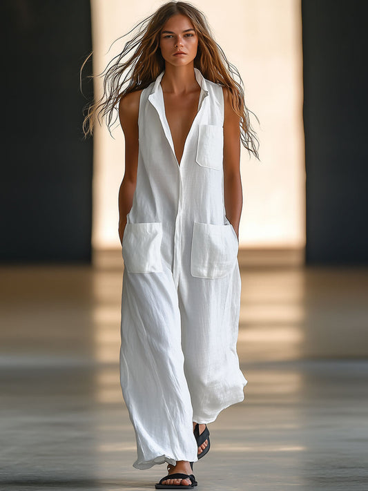 Retro Sleeveless Jumpsuit White | Linen Blend Women’s Overall - 1