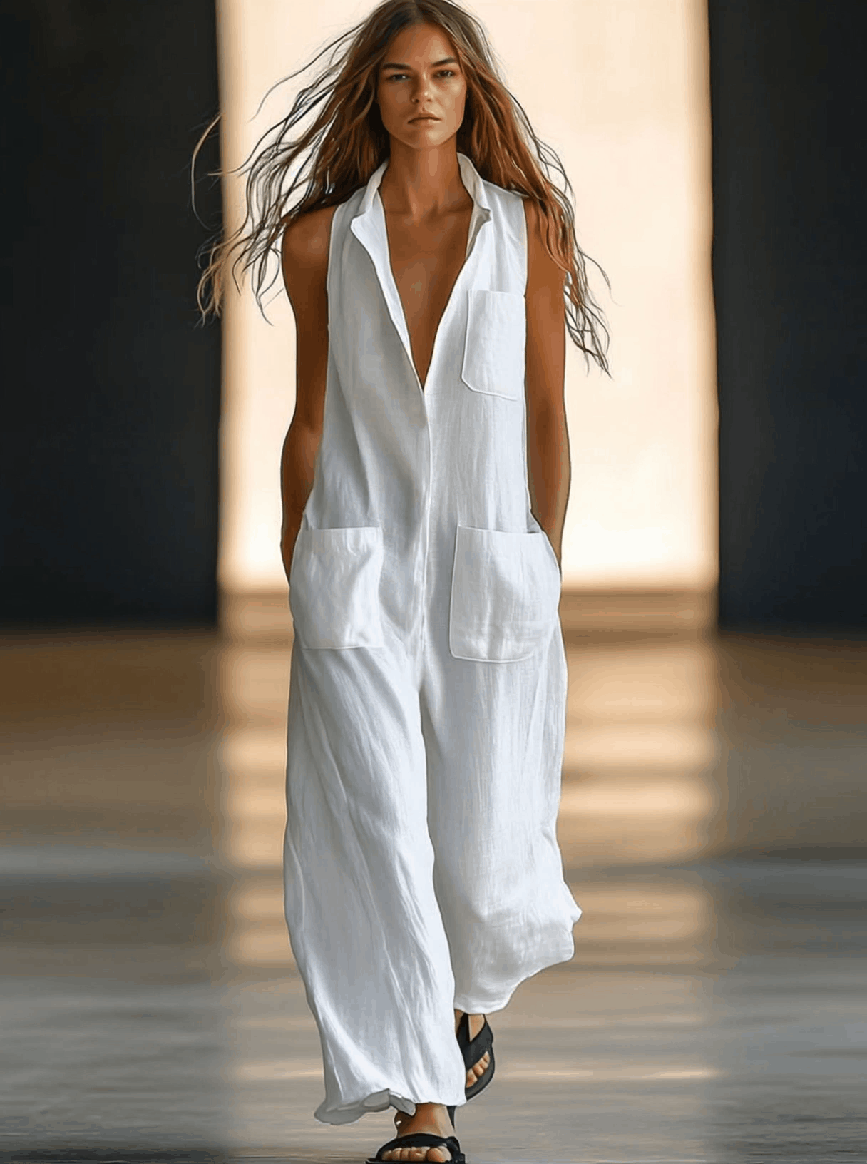 Retro Sleeveless Jumpsuit White | Linen Blend Women’s Overall - 2