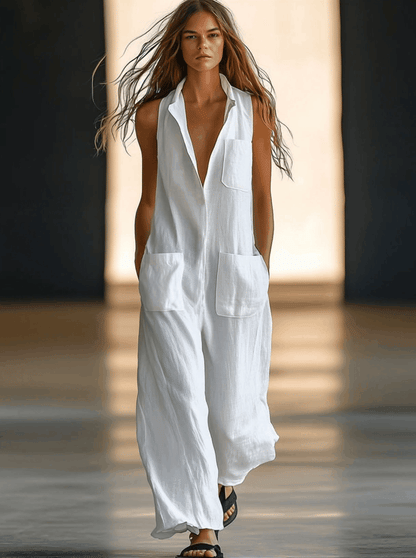 Retro Sleeveless Jumpsuit White | Linen Blend Women’s Overall - 2