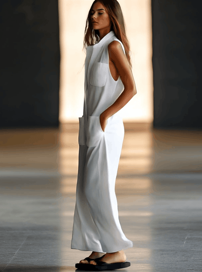 Retro Sleeveless Jumpsuit White | Linen Blend Women’s Overall - 3