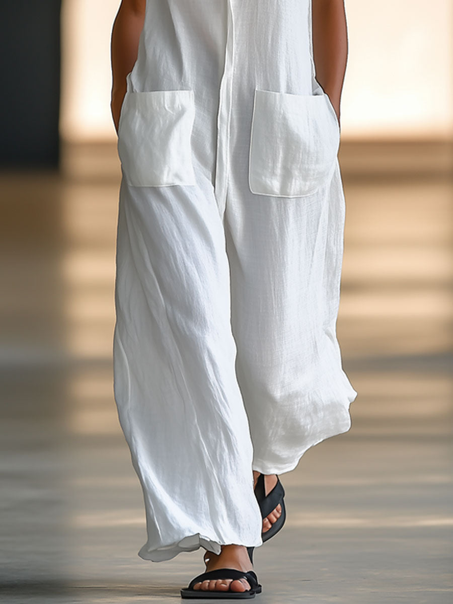 Retro Sleeveless Jumpsuit White | Linen Blend Women’s Overall - 5