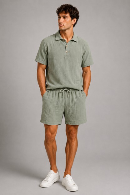 Linen Cotton Polo and Shorts Set | Short Sleeve Casual Outfit - 2