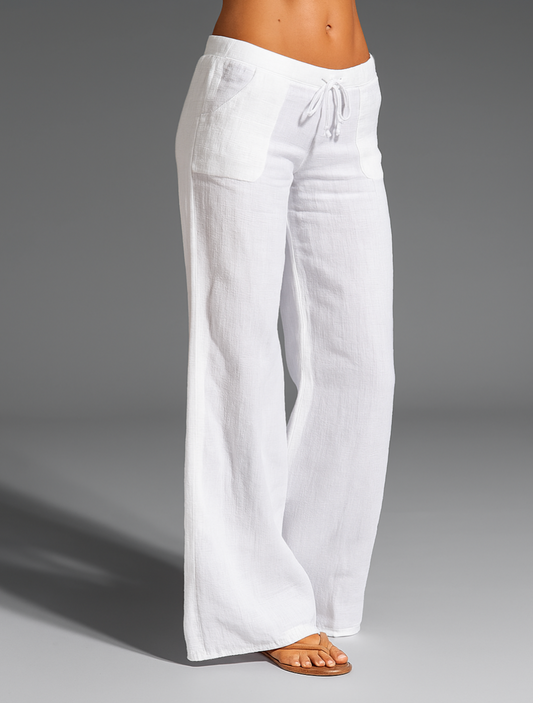 White Linen Wide Leg Pants for Women | Summer Casual Trousers - 1
