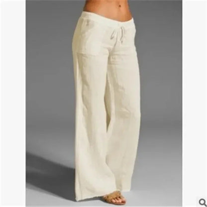 White Linen Wide Leg Pants for Women | Summer Casual Trousers - 7