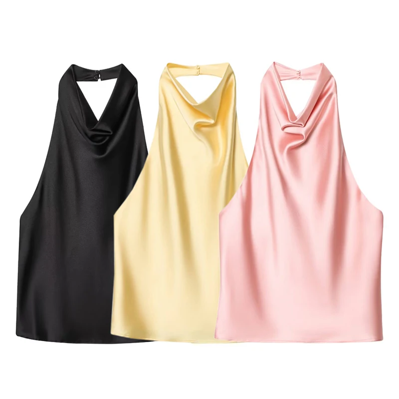 Black Satin Halter Top | Women's Going Out Top - 1