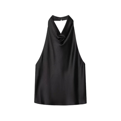 Black Satin Halter Top | Women's Going Out Top - 4