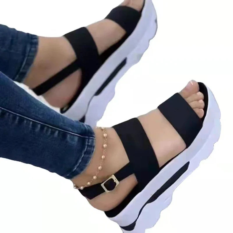 Black Wedge Sandals for Women | Low Platform Wedge Heels - 6