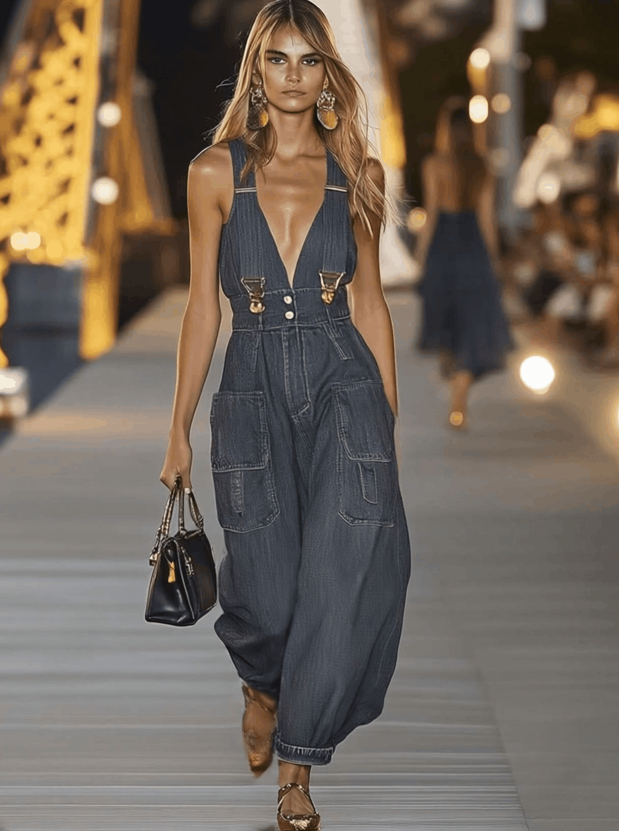 Denim V-Neck Jumpsuit | Women's Casual Overall - 2