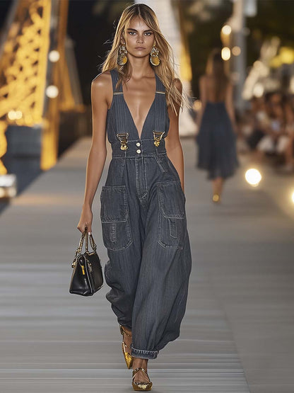 Denim V-Neck Jumpsuit | Women's Casual Overall - 3