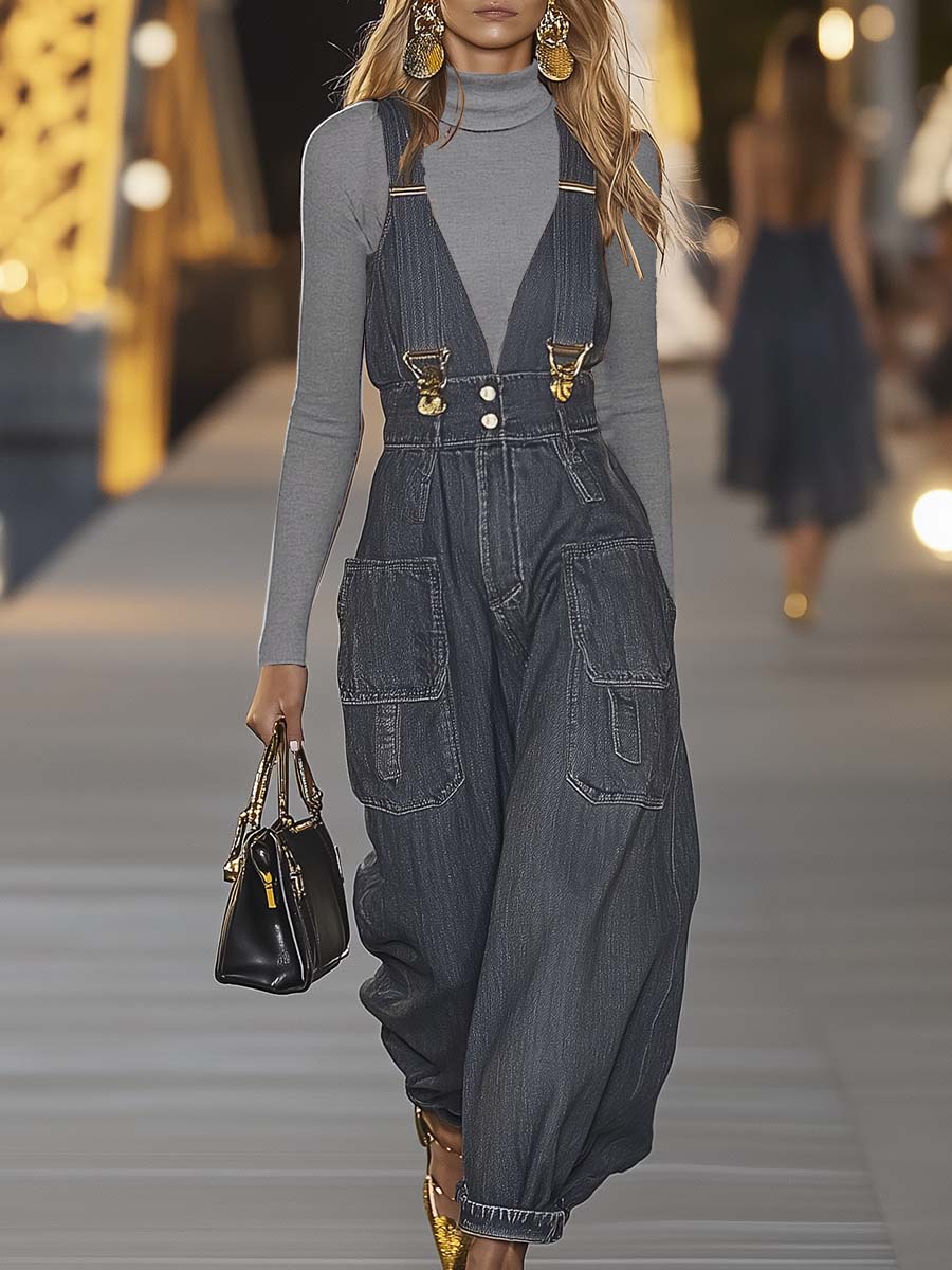 Denim V-Neck Jumpsuit | Women's Casual Overall - 4