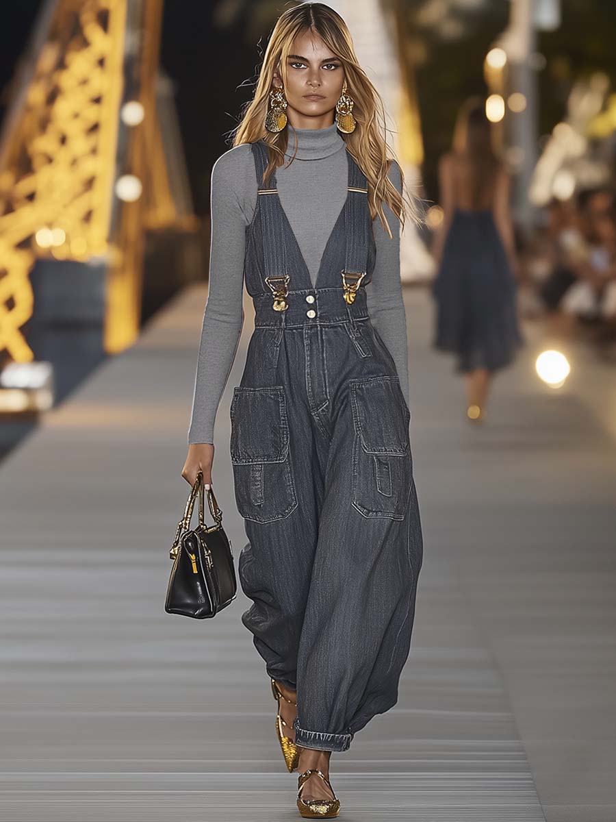 Denim V-Neck Jumpsuit | Women's Casual Overall - 5