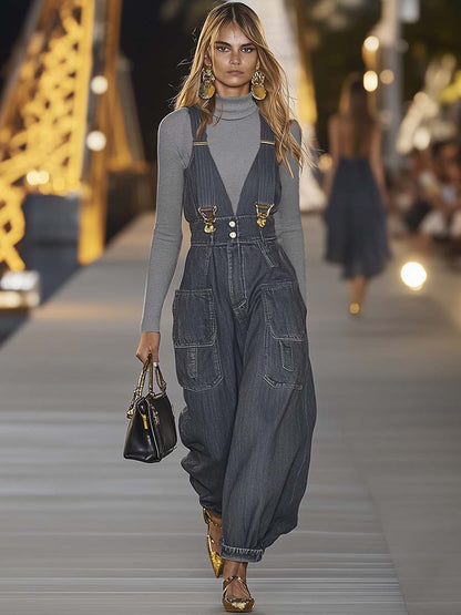 Denim V-Neck Jumpsuit | Women's Casual Overall - 5